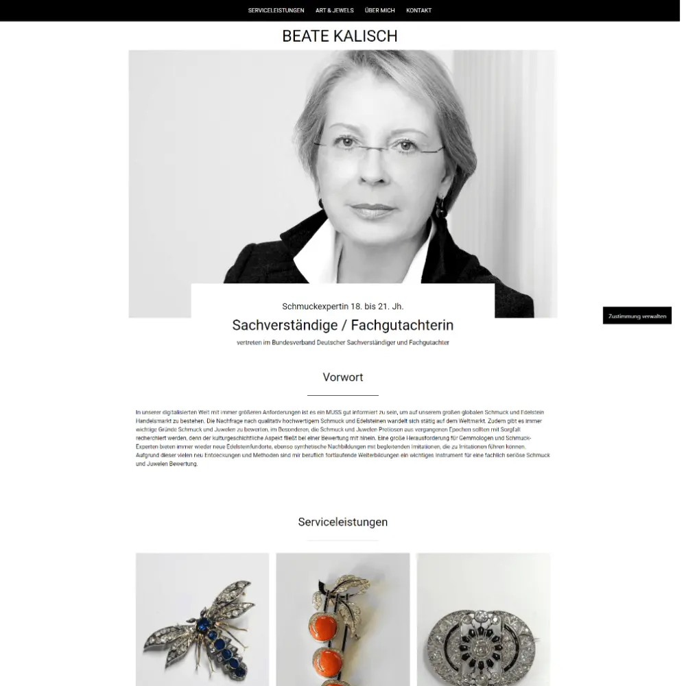 Bild der Website von der Schmuck-Sachverständigen Beate Kalisch